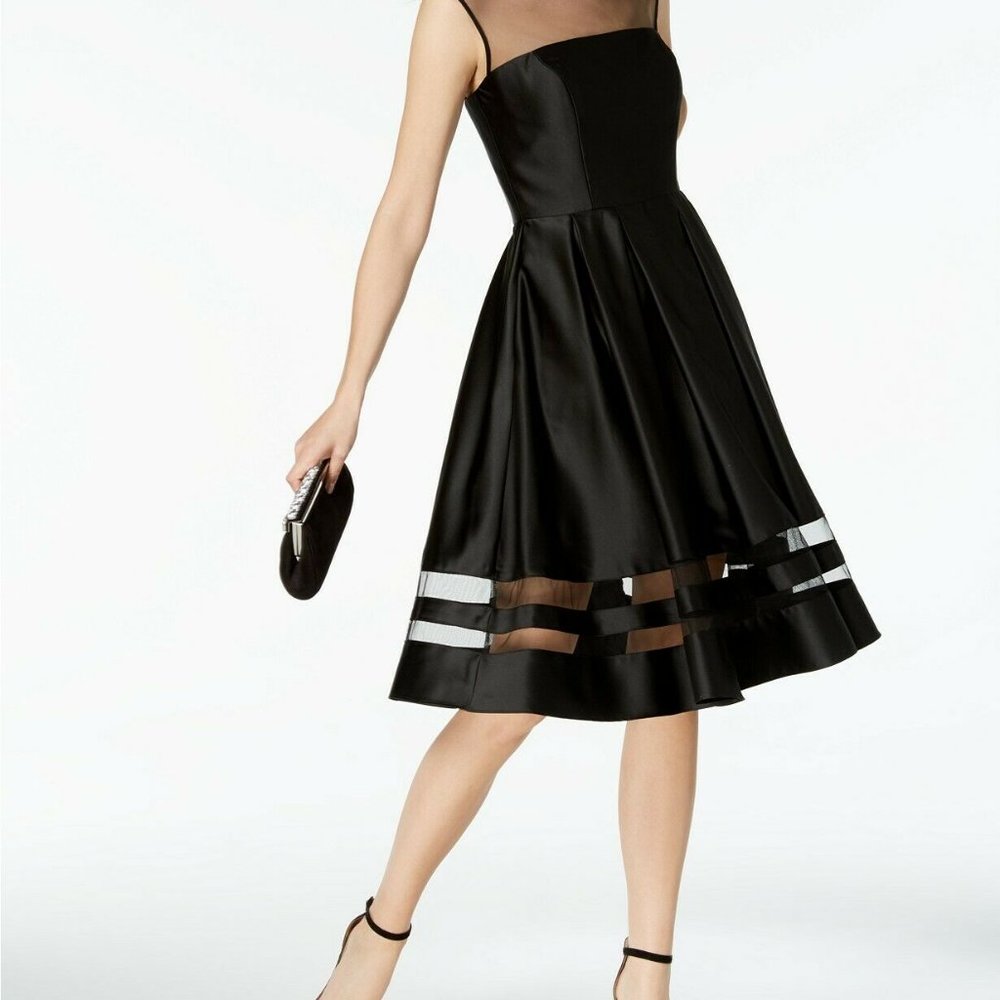Betsy & Adam Satin Illusion Fit & Flare Dress#1214